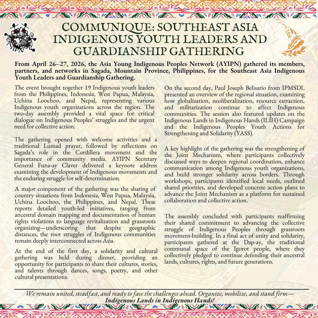 Communique | 𝗦𝗼𝘂𝘁𝗵𝗲𝗮𝘀𝘁 𝗔𝘀𝗶𝗮 𝗜𝗻𝗱𝗶𝗴𝗲𝗻𝗼𝘂𝘀 𝗬𝗼𝘂𝘁𝗵 𝗟𝗲𝗮𝗱𝗲𝗿𝘀 𝗮𝗻𝗱 𝗚𝘂𝗮𝗿𝗱𝗶𝗮𝗻𝘀𝗵𝗶𝗽 𝗚𝗮𝘁𝗵𝗲𝗿𝗶𝗻𝗴